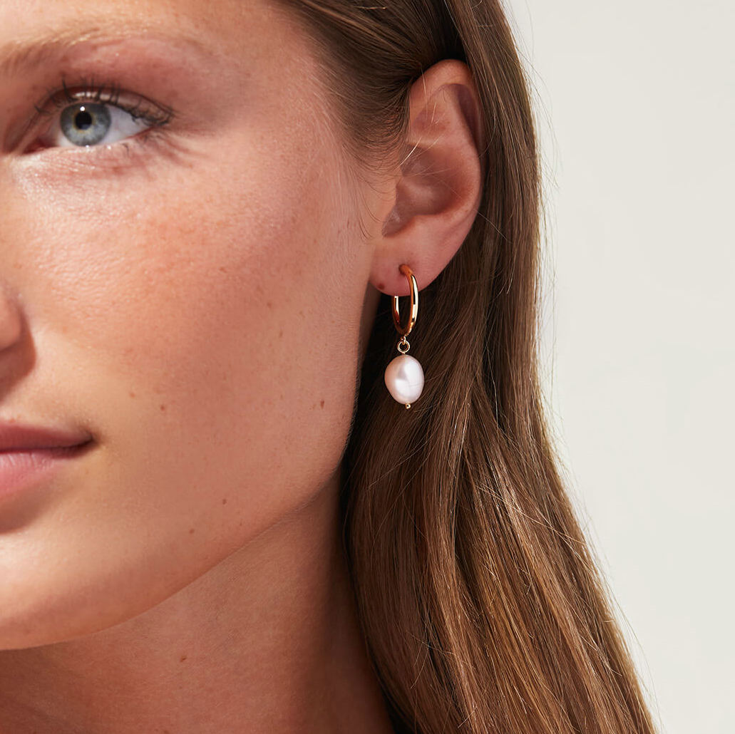 Women’s Pearl Drop Earrings with Small Hoops and Round Pendant