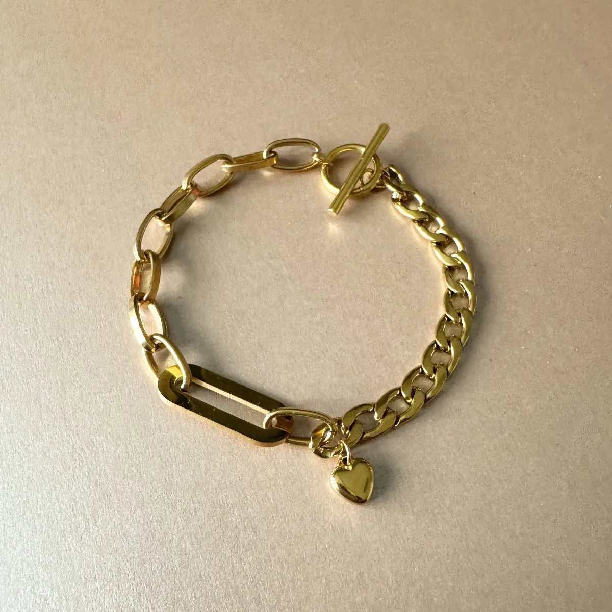 Charm Bracelet for Women’s with Mixed Chain Links, Heart Charm and T-Bar Clasp