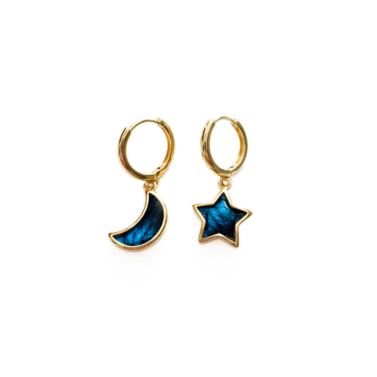 Women’s Mismatch Hoop Earrings with Moon and Star Pendant and Marble Enamel