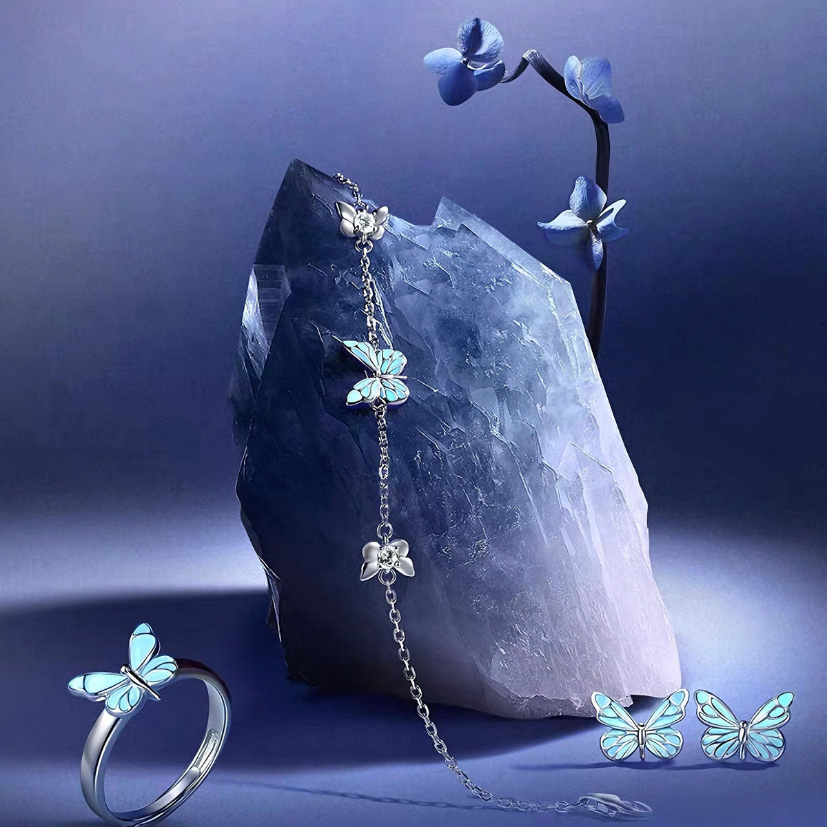 Women's Butterfly Bracelet with Glowing Pendant and Floral Details