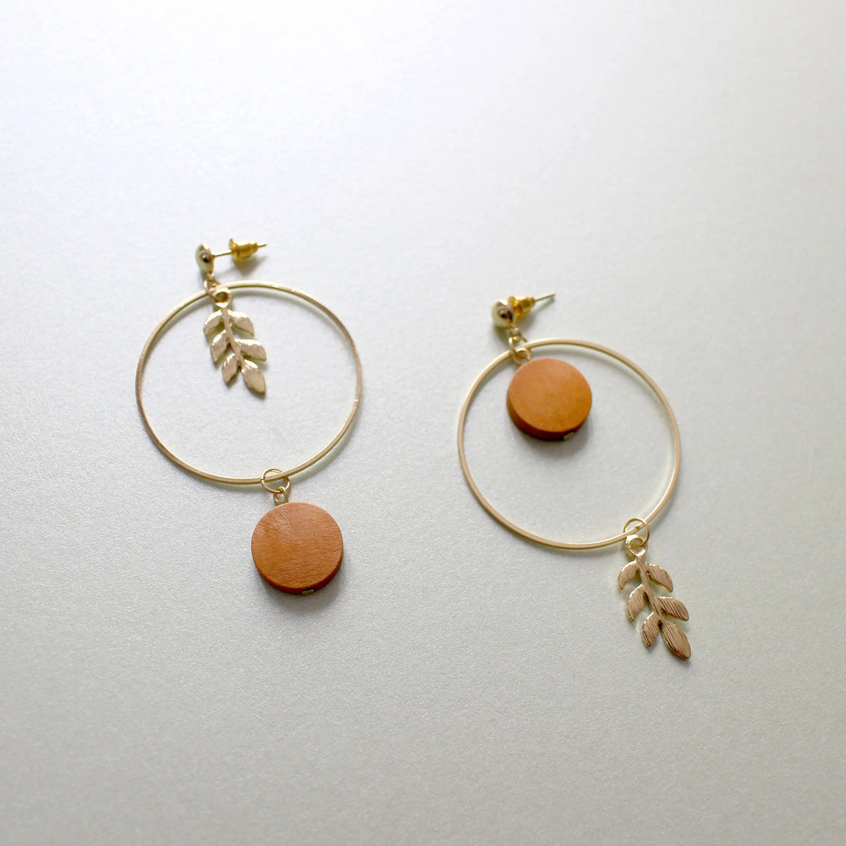 Women’s Hoop Earrings with Botanical Design, Wood Disc and Leaf Pendant