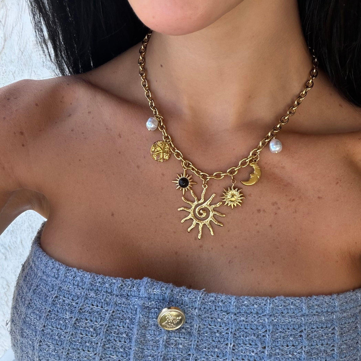 Women’s Charm Necklace with Sun, Moon, and Pearl Accents