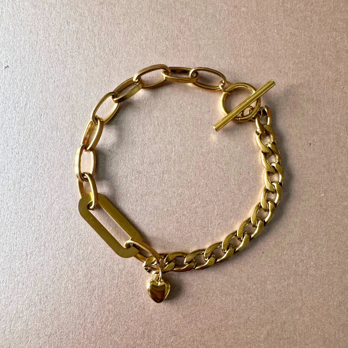 Charm Bracelet for Women’s with Mixed Chain Links, Heart Charm and T-Bar Clasp