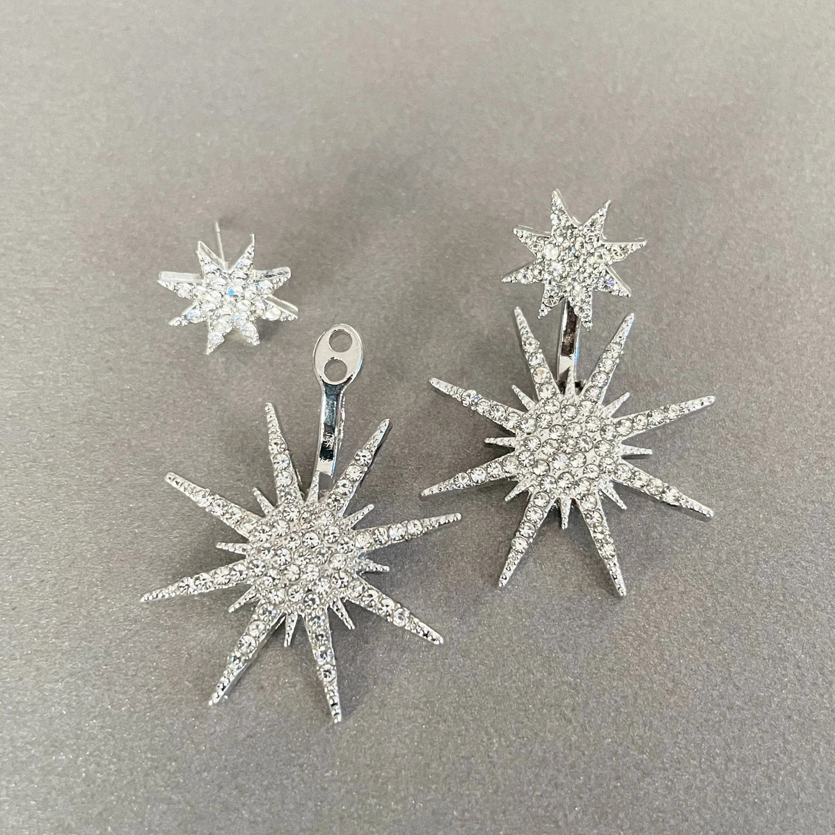 Women’s Ear Studs in Statement Style with Double Star Design and Continuous Stone Embellishment