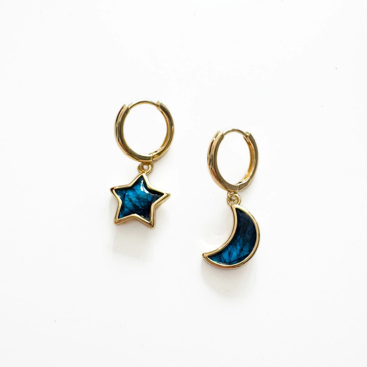 Women’s Mismatch Hoop Earrings with Moon and Star Pendant and Marble Enamel