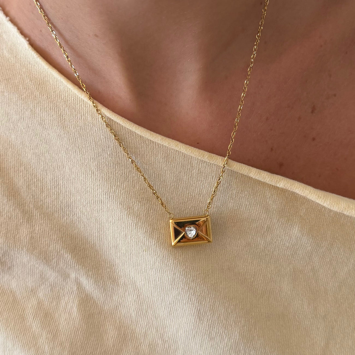 Women's Pendant Necklace with Envelope Motif and Heart-Shaped Stone Accent