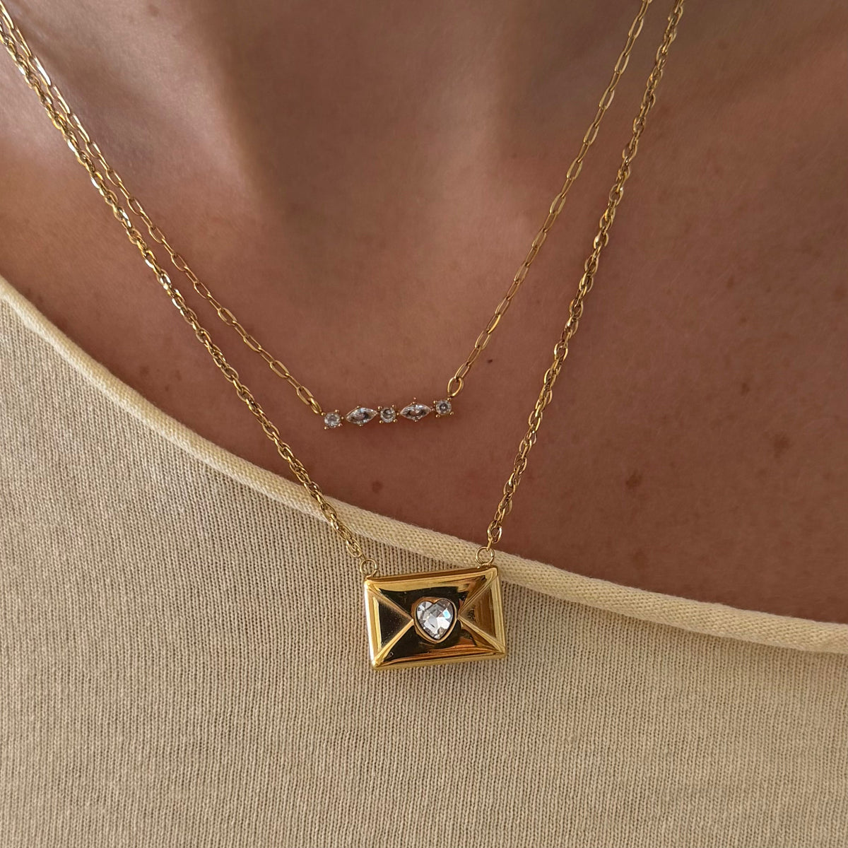 Women's Pendant Necklace with Envelope Motif and Heart-Shaped Stone Accent