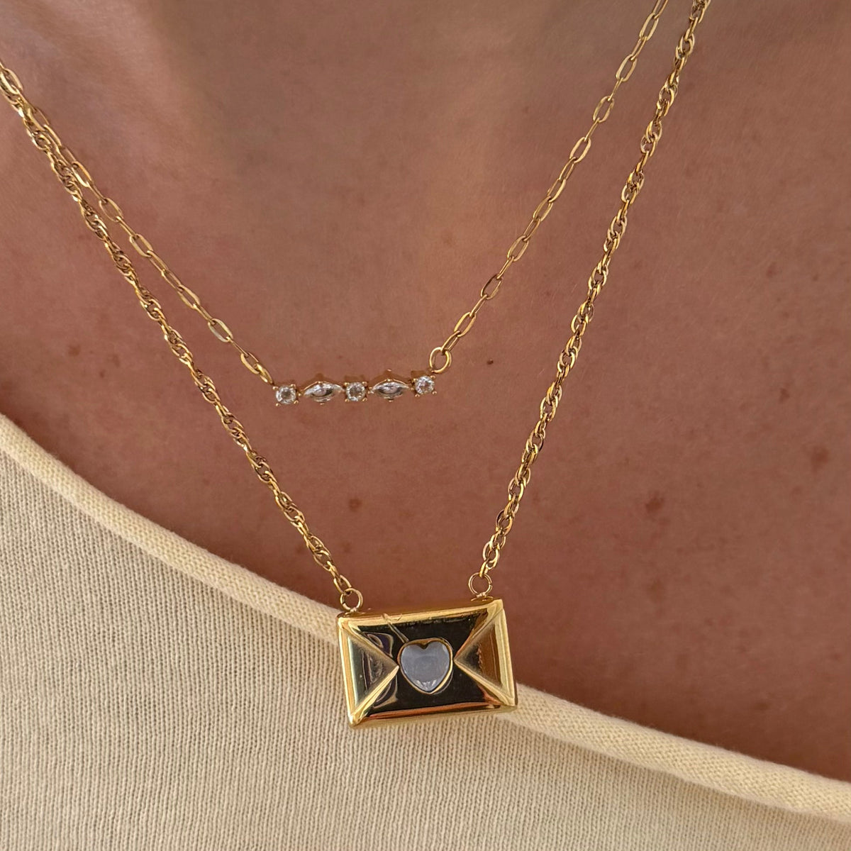 Women's Pendant Necklace with Envelope Motif and Heart-Shaped Stone Accent