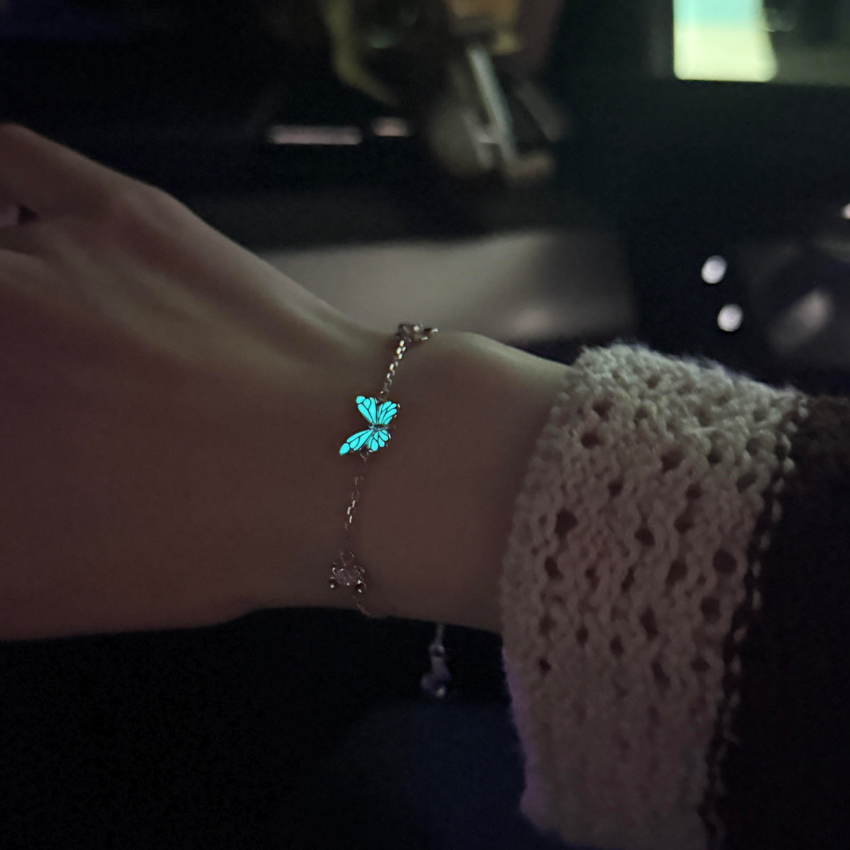 Women's Butterfly Bracelet with Glowing Pendant and Floral Details