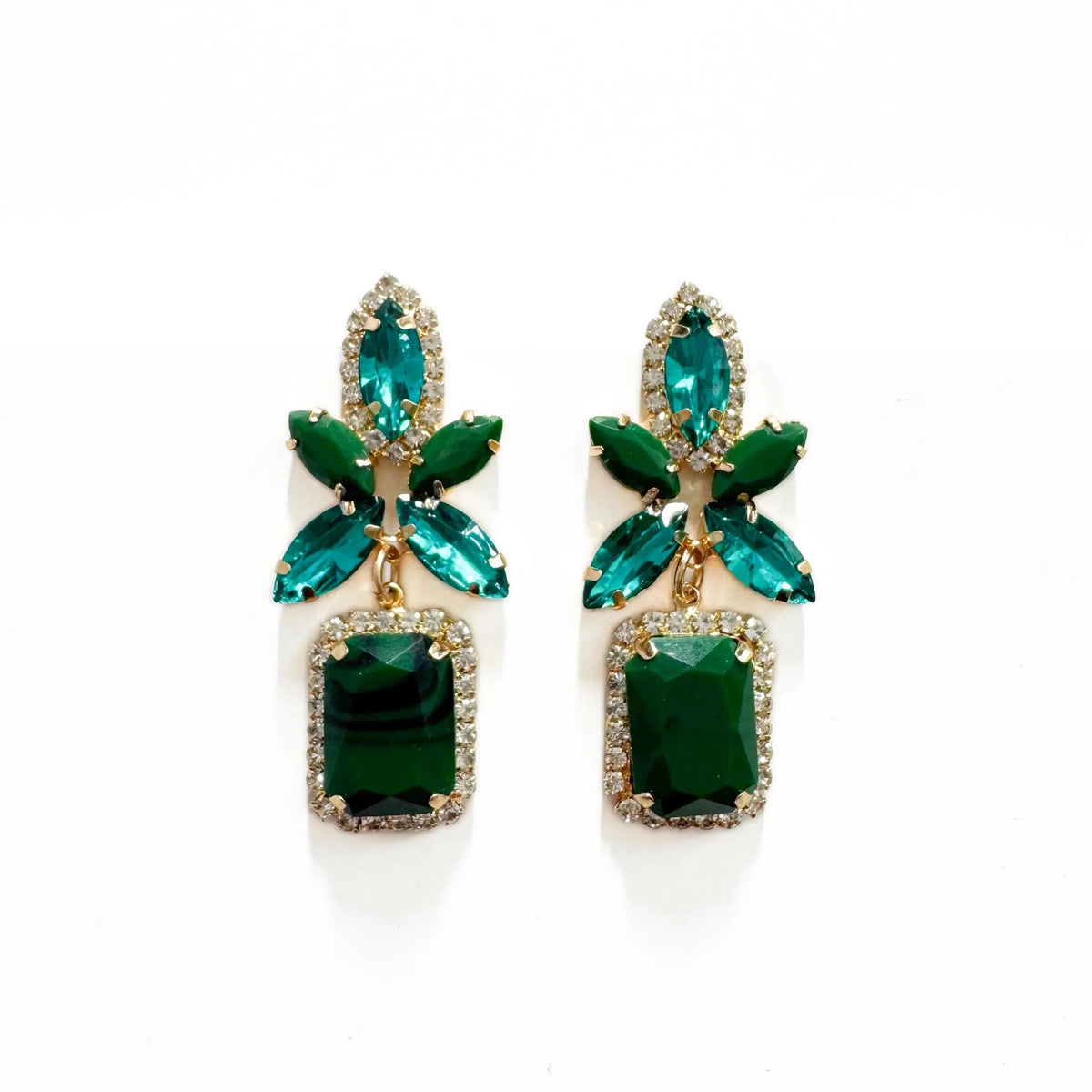 Women’s Statement Drop Earrings with a Multi-Part Stone Cluster and Rectangular Pendant