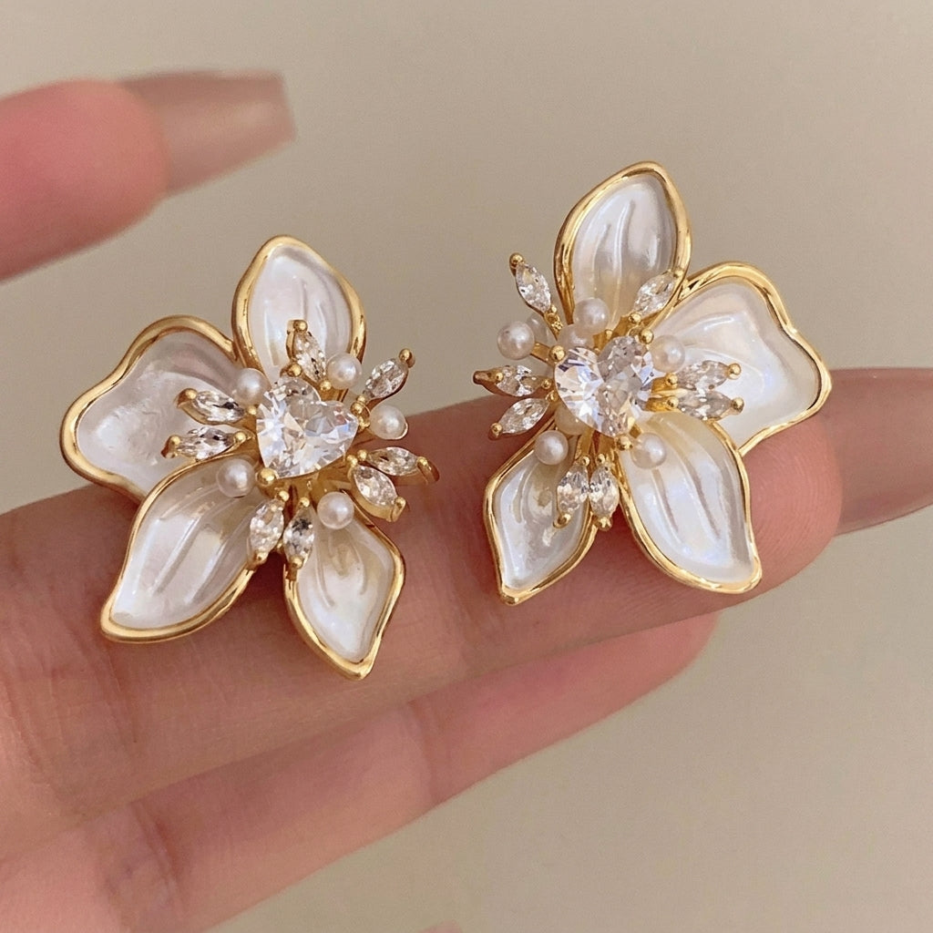 Women's Ear Studs in Flower Shape with Heart Detail and Pearl-like Petals