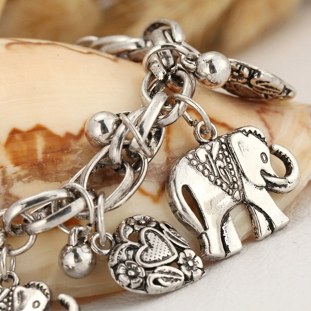 Women's Vintage Anklet with Elephants and Heart Charms