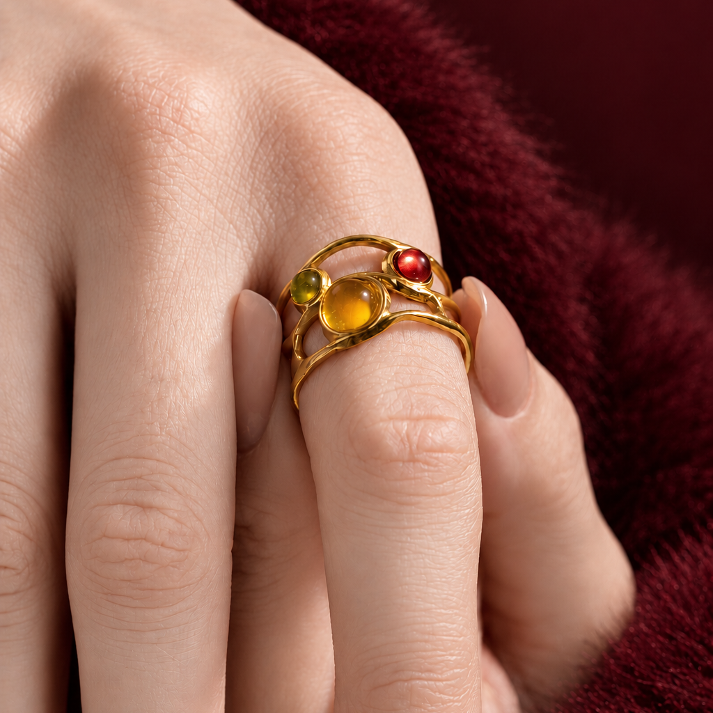 Women’s Open Statement Ring with Three Cabochon Stone Details and Curved Orbit Design