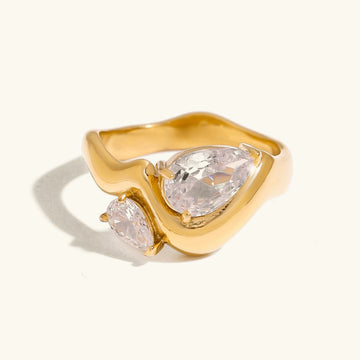 Women's Statement Ring with Two Teardrop-Shaped Stones and Curved Band