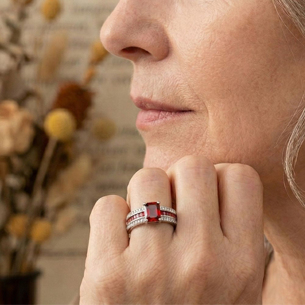 Women’s Statement Ring with Rectangular Center Piece and Multi-Row Stone Setting