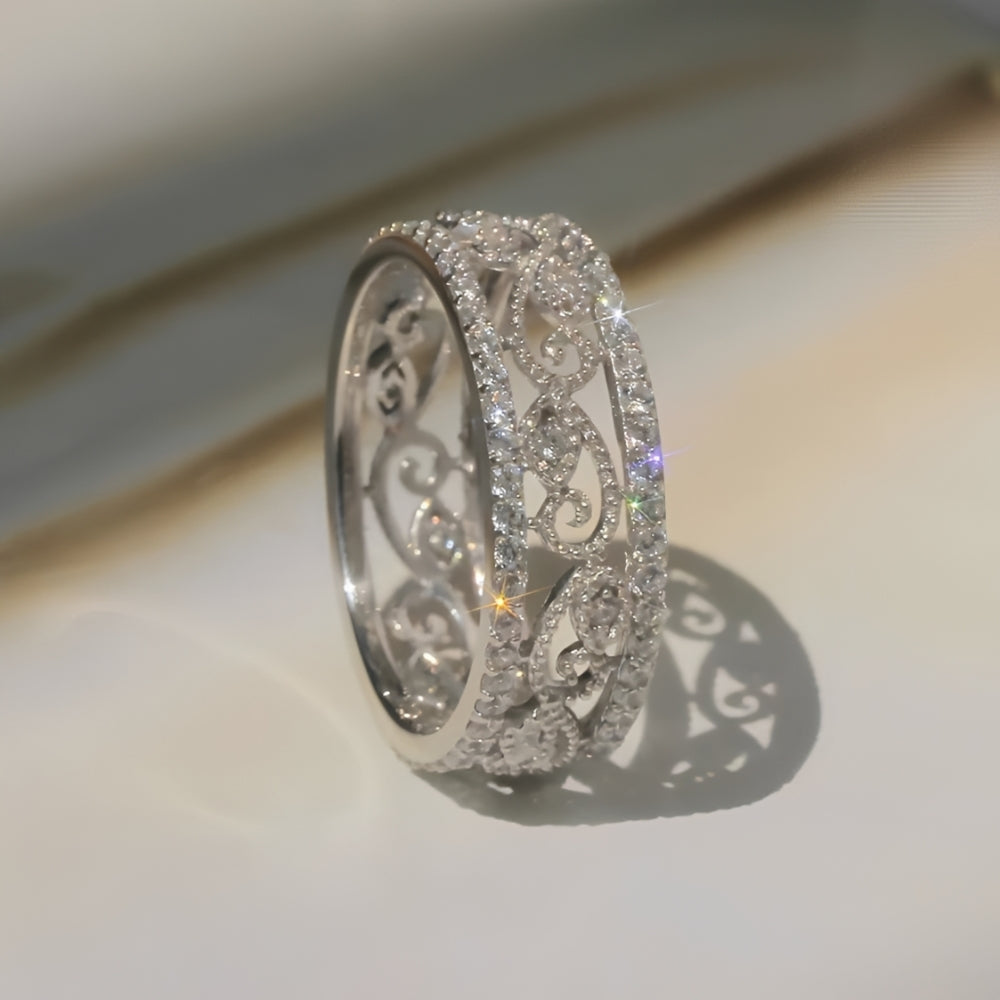 Women’s Wide Ring with Openwork Vine Pattern and Multiple Row Stone Accents