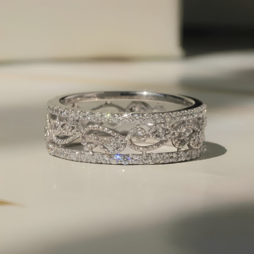 Women’s Wide Ring with Openwork Vine Pattern and Multiple Row Stone Accents