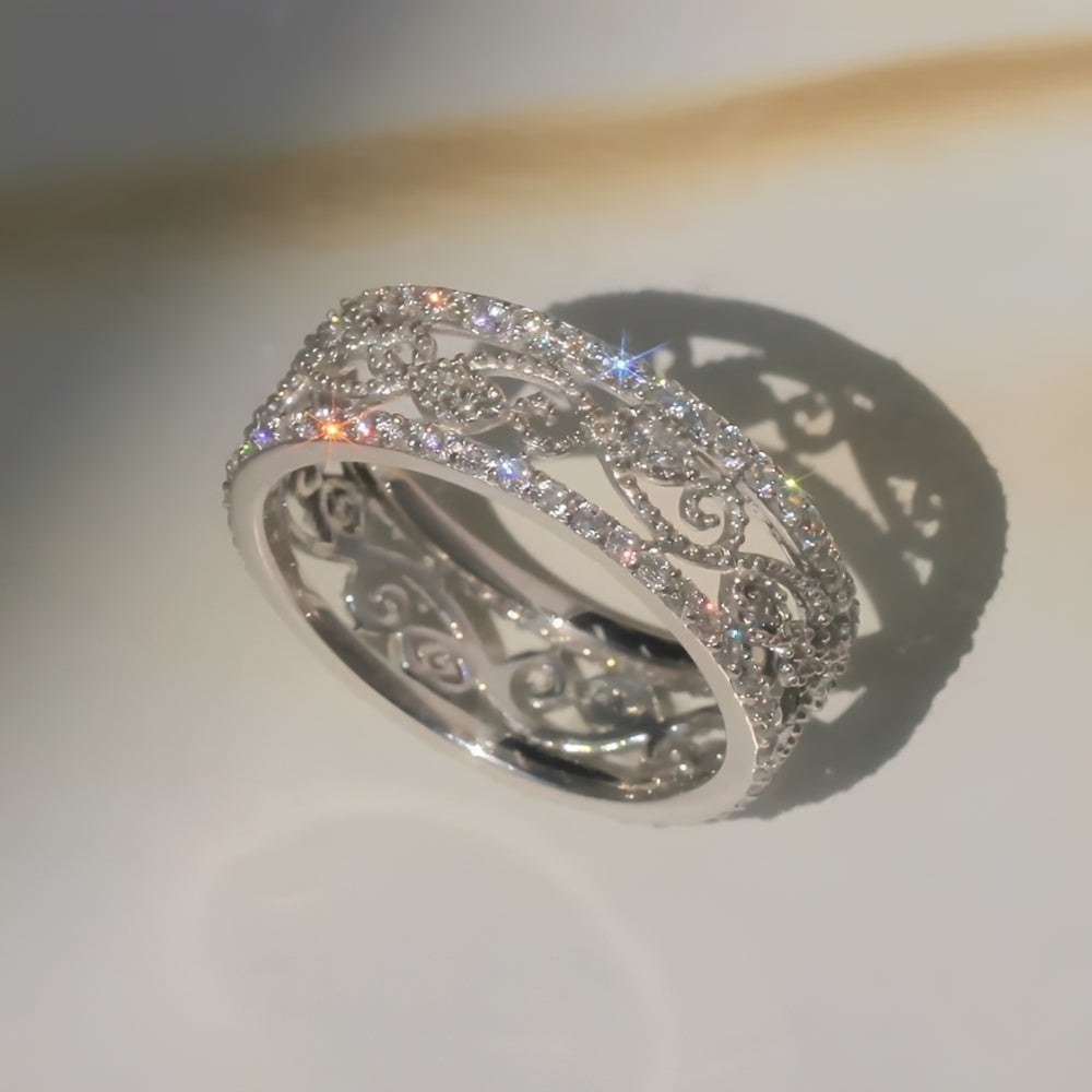 Women’s Wide Ring with Openwork Vine Pattern and Multiple Row Stone Accents