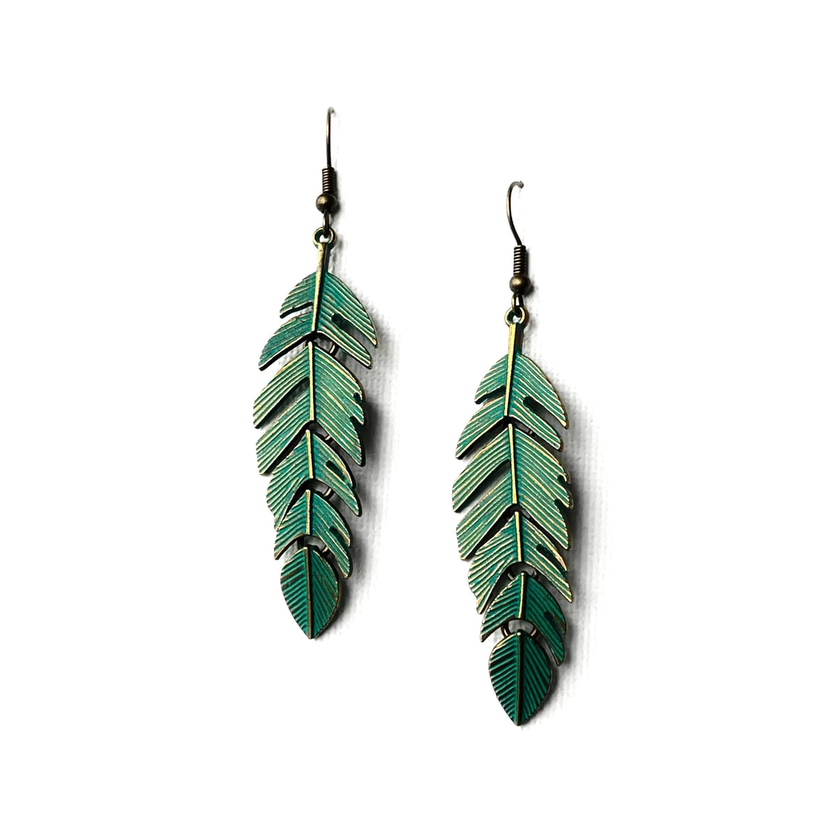 Women’s Drop Earrings with Feather Design and Elongated Leaf Pattern as well as Hook Clasp