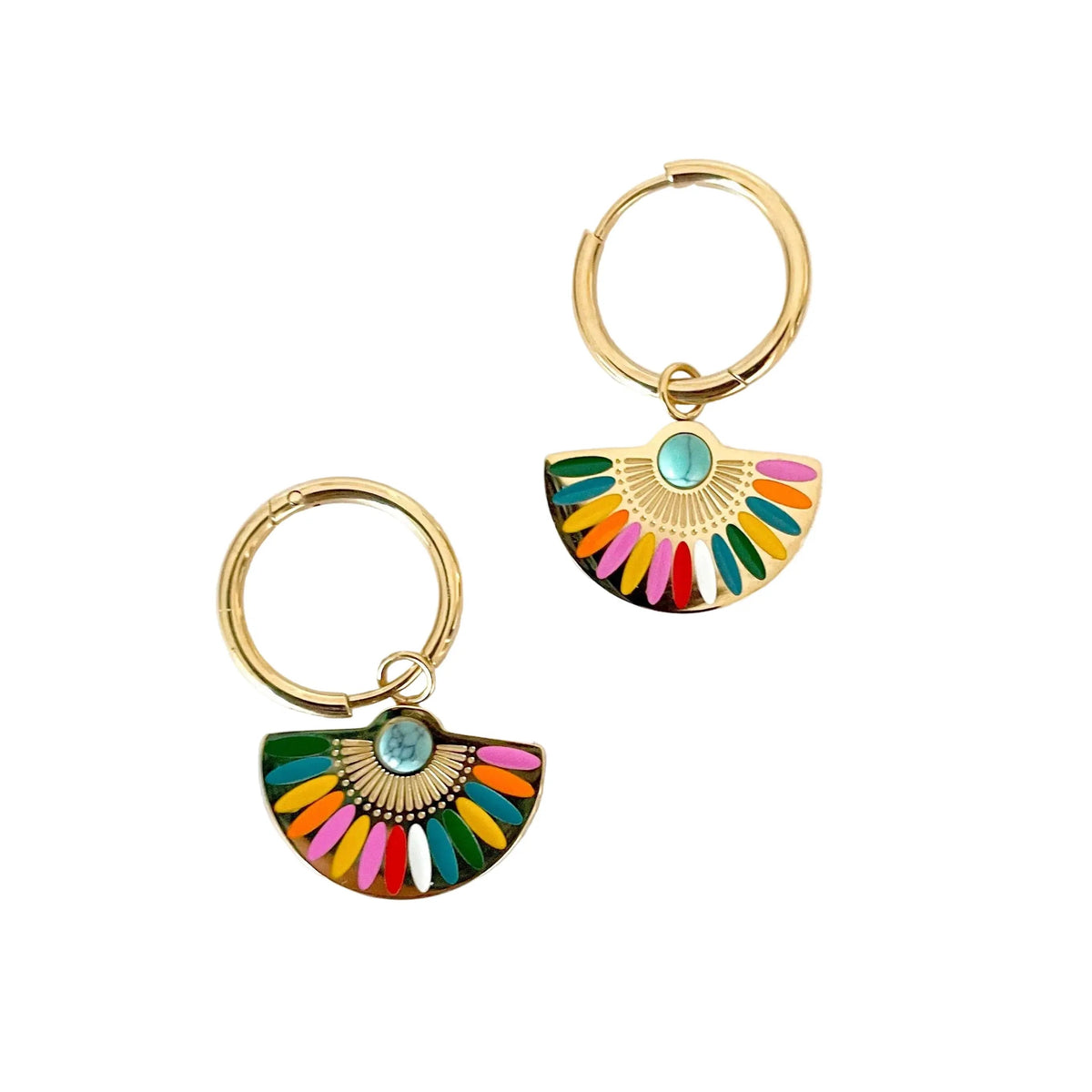Women’s Fan Drop Earrings with Multicolored Enamel Design and Hoop Shape