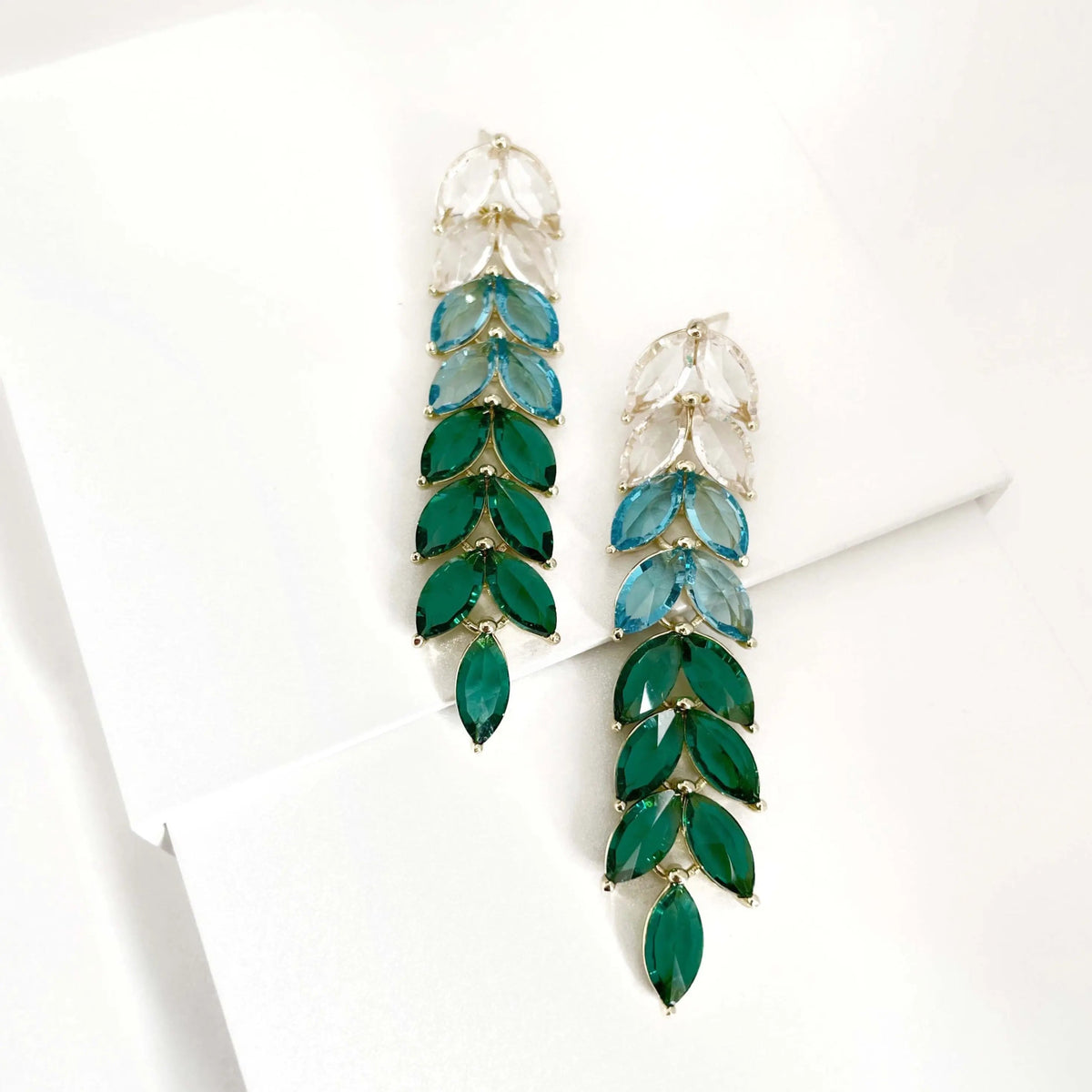 Women’s Drop Earrings with Leaf-Shaped Stone Segments and Ombre Design