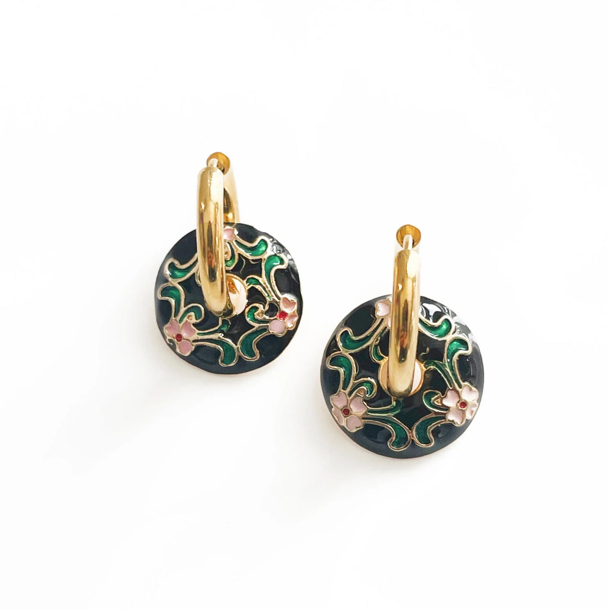 Dangle Earrings for Women’s with Floral Disc Pendant and Enamel Details