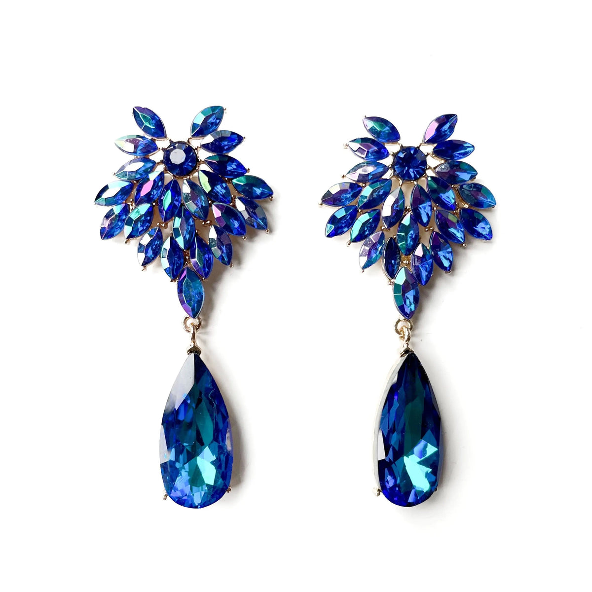 Women’s Statement Drop Earrings with Floral Stone Cluster and Faceted Teardrop Pendant