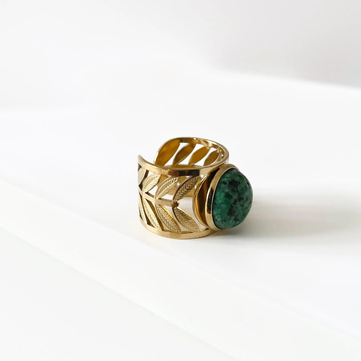 Adjustable Women's Statement Ring with Round Jasper Stone and Leaf Design