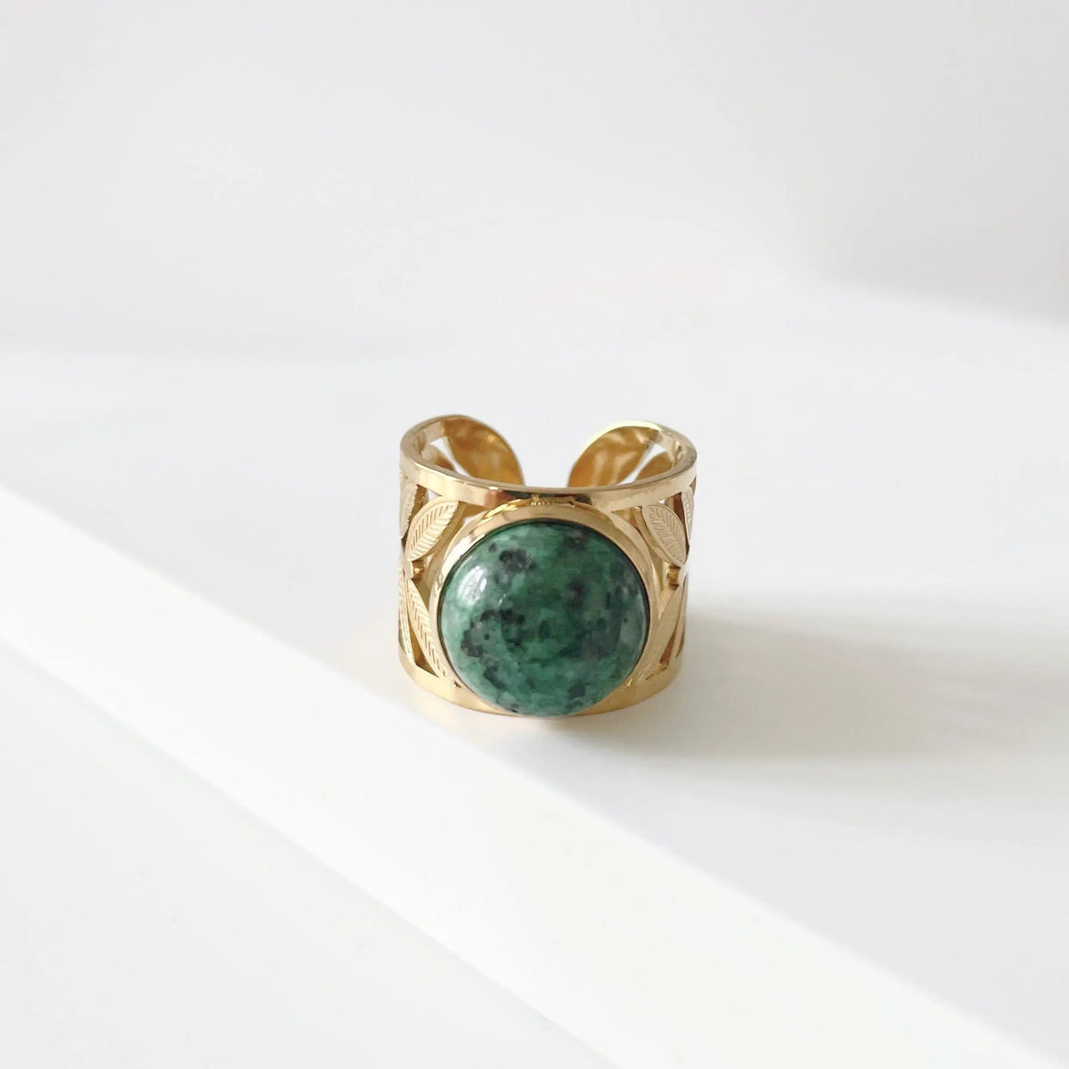 Adjustable Women's Statement Ring with Round Jasper Stone and Leaf Design