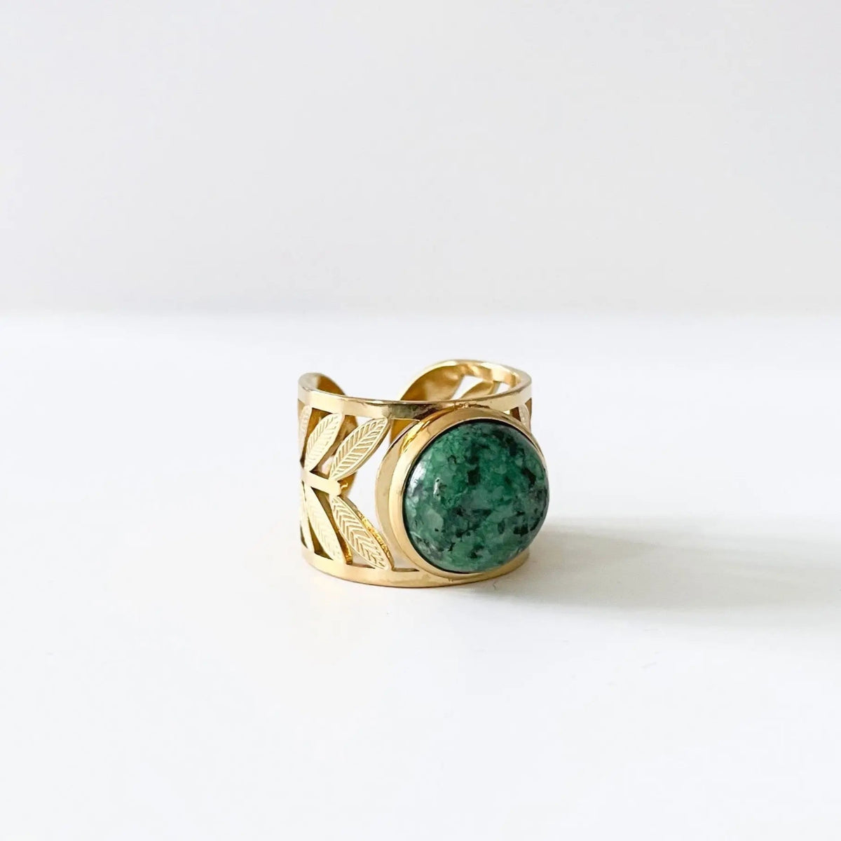 Adjustable Women's Statement Ring with Round Jasper Stone and Leaf Design