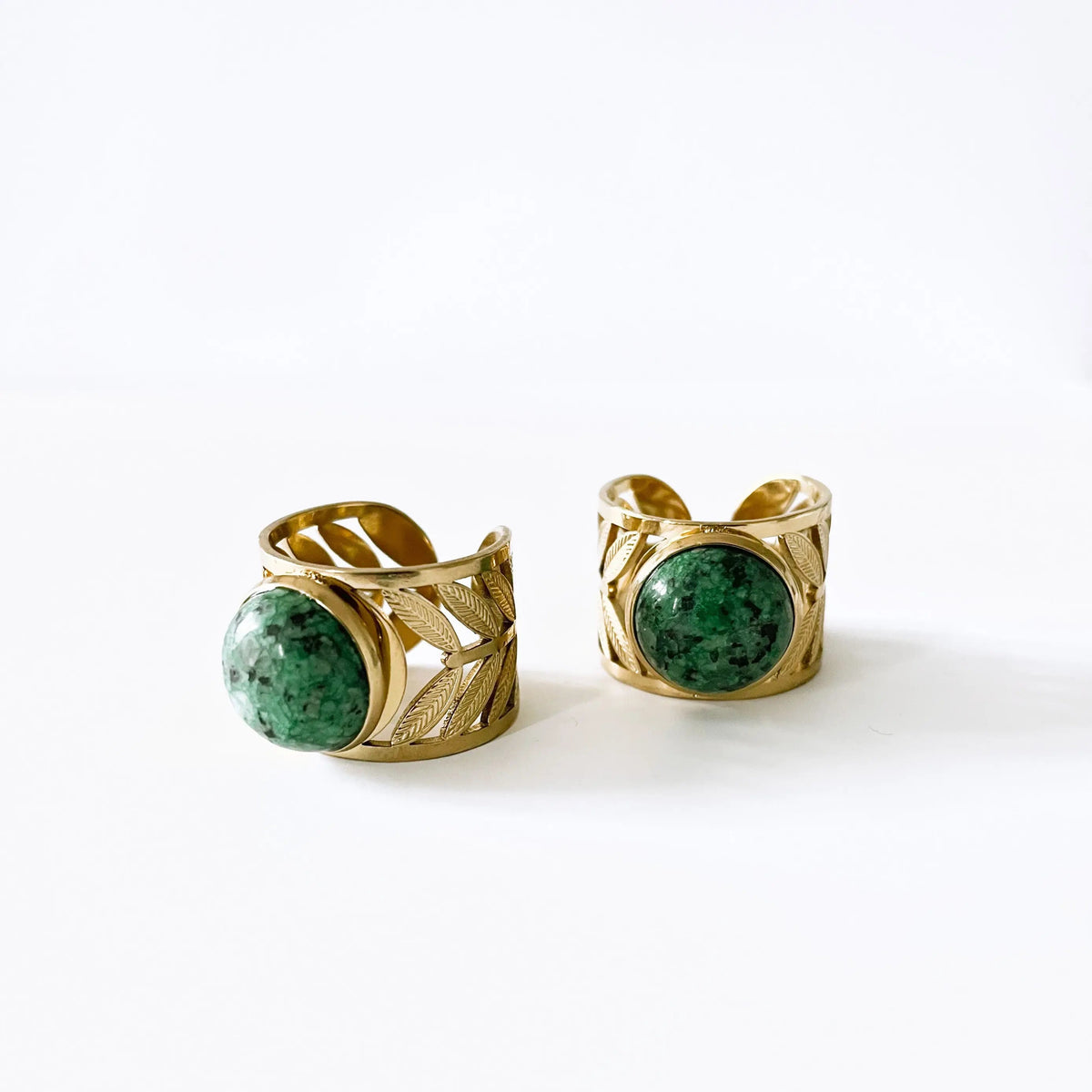 Adjustable Women's Statement Ring with Round Jasper Stone and Leaf Design