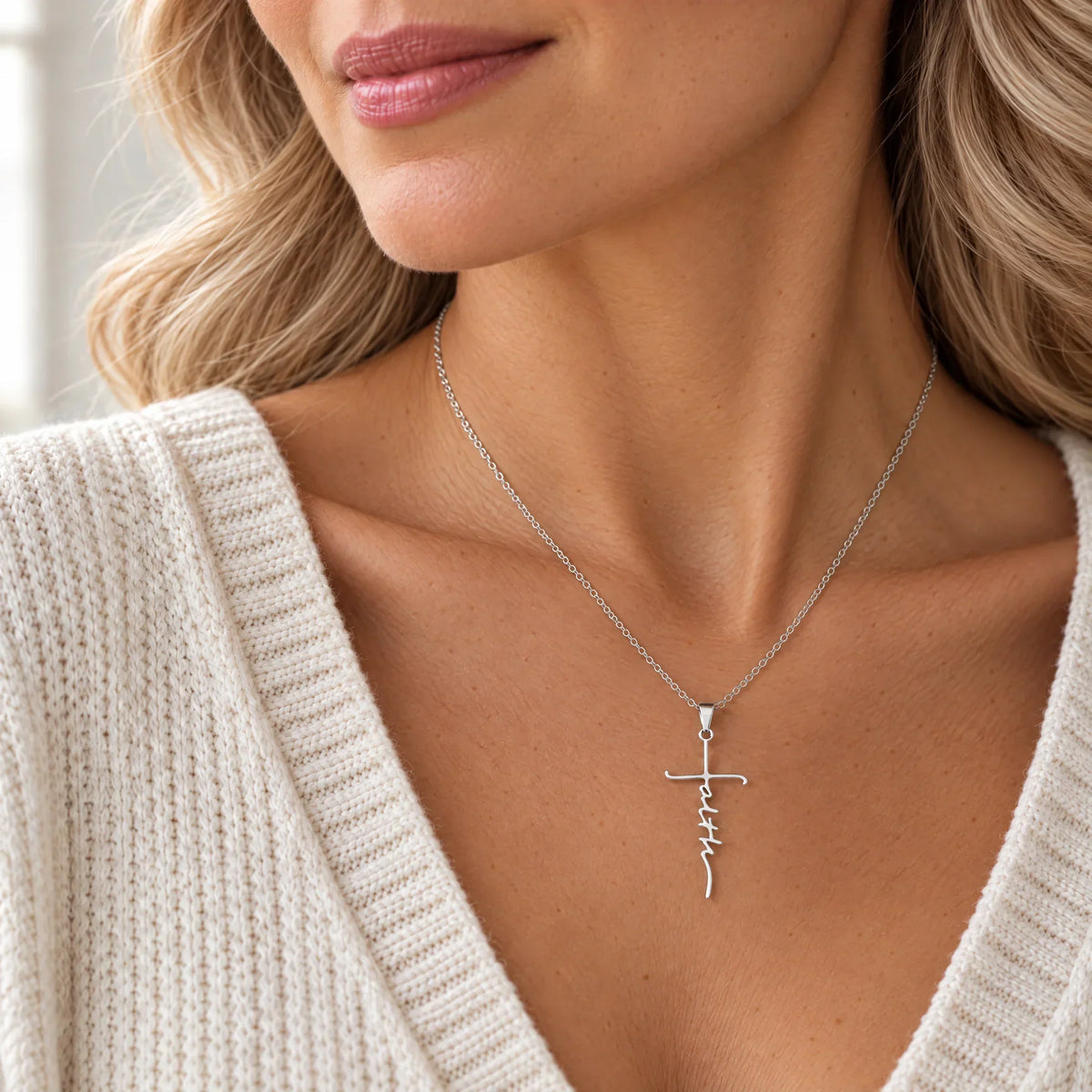 Women’s Cross Necklace with Faith Inscription