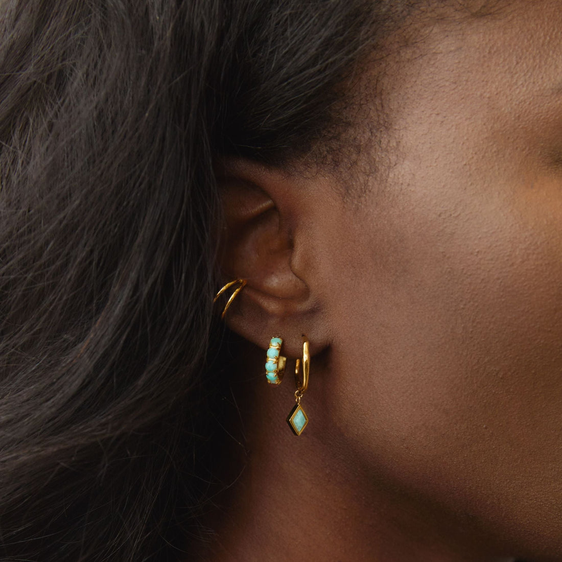 Women’s Huggie Earrings with Amazonite Stones and Round Stone Setting