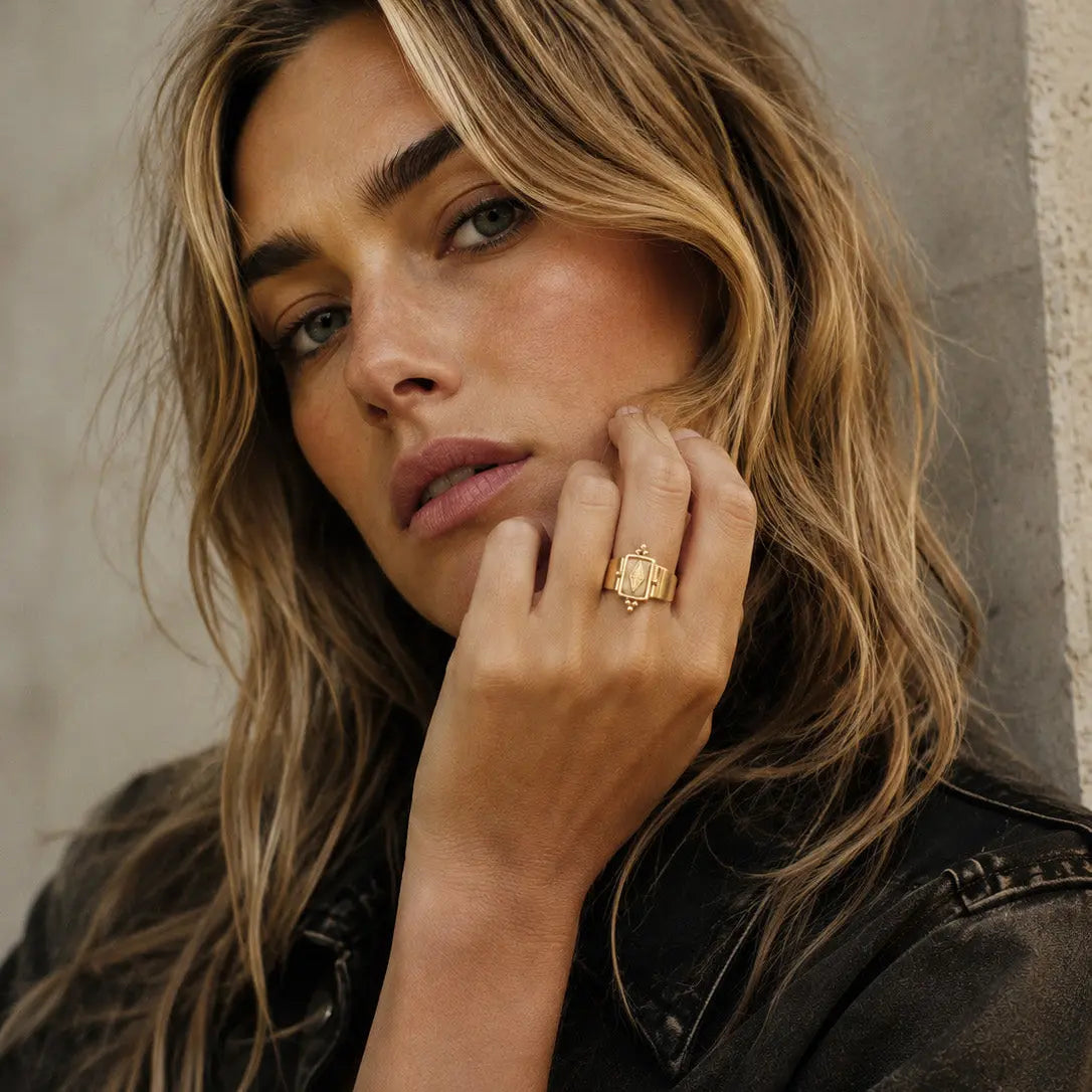 Adjustable Women's Statement Ring with Wide Band and Irregular Stone Centerpiece
