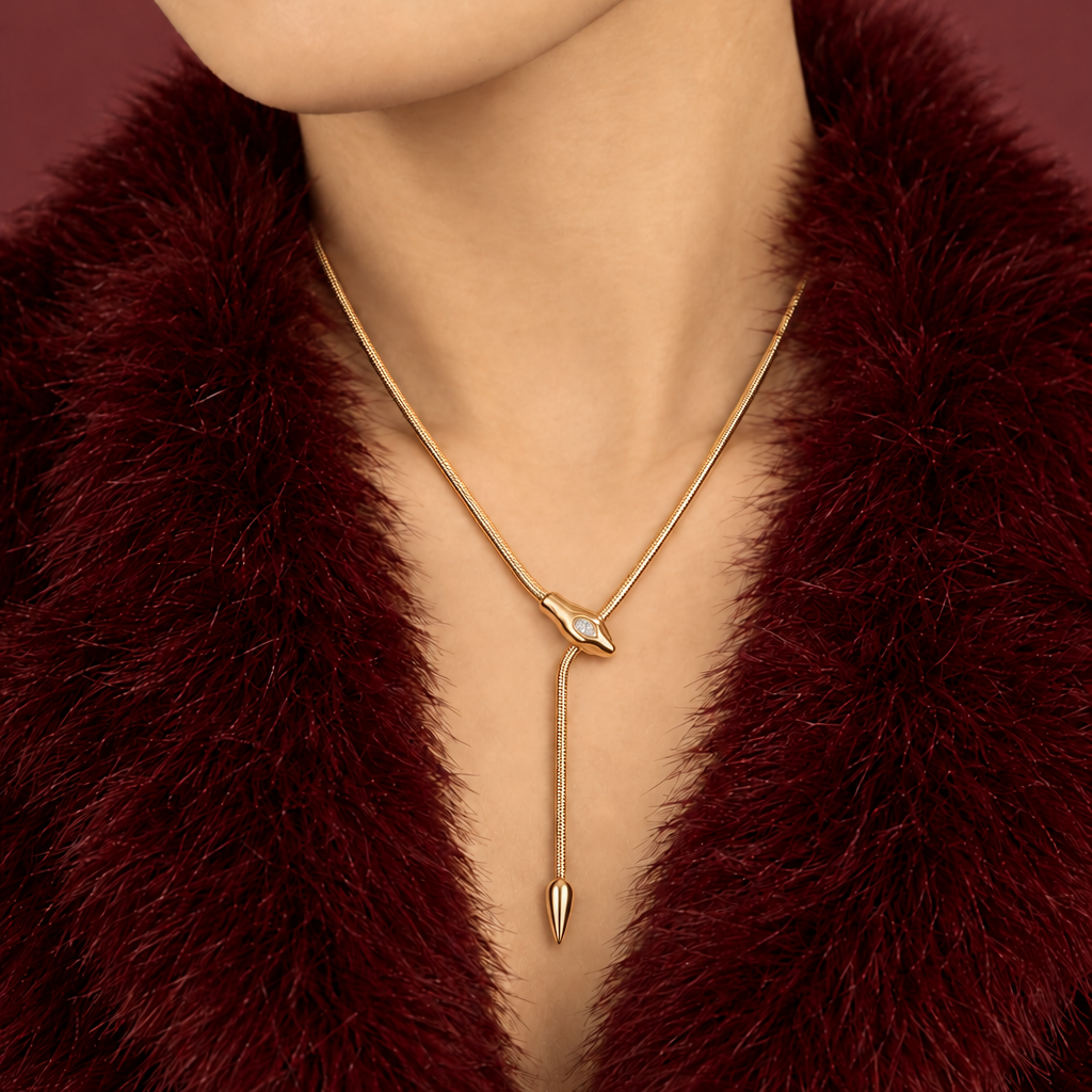 Women’s Snake Pendant Necklace with Elongated Y Shape and Stone Accent