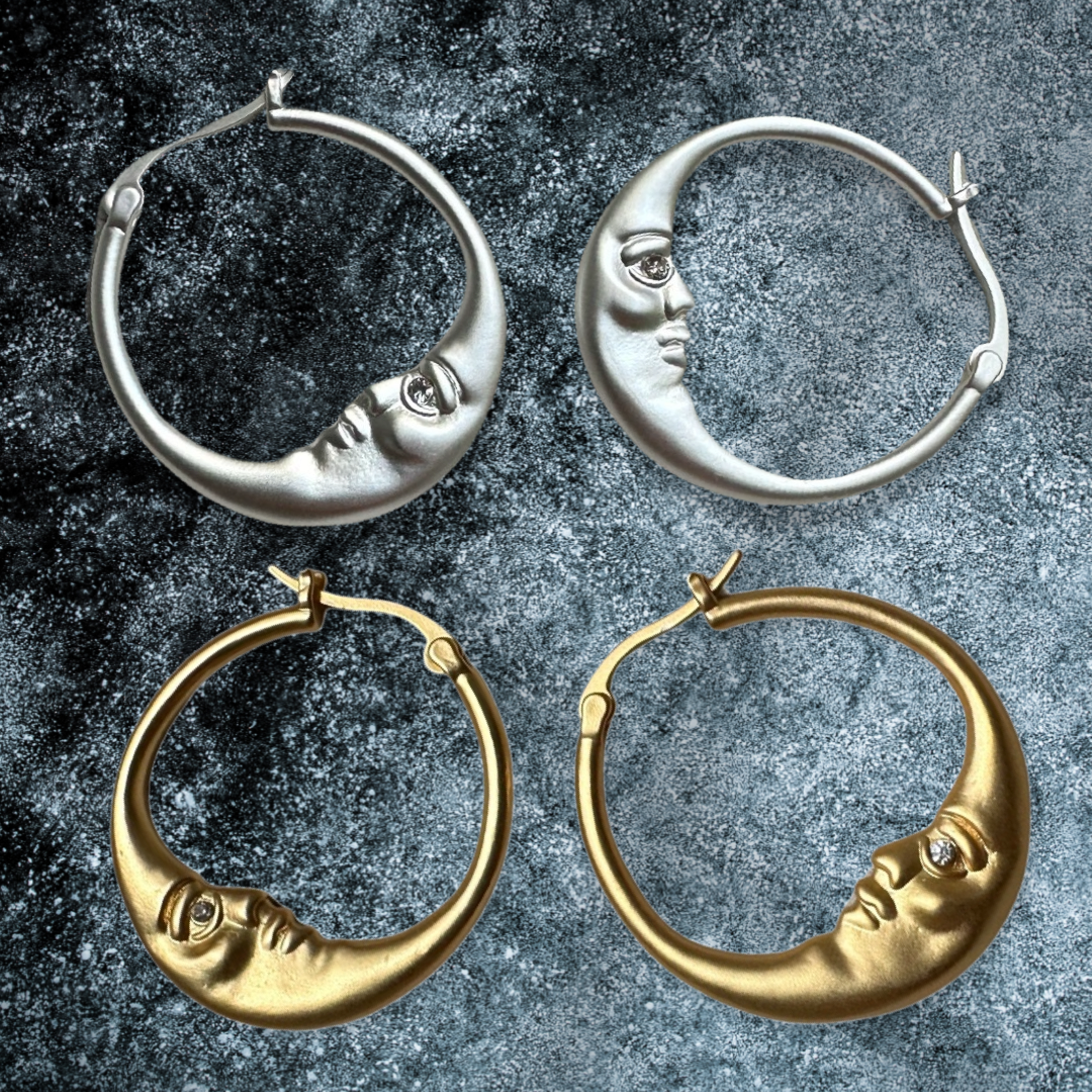 Women’s Hoops with Half Moon Face Motif and Stone Accent