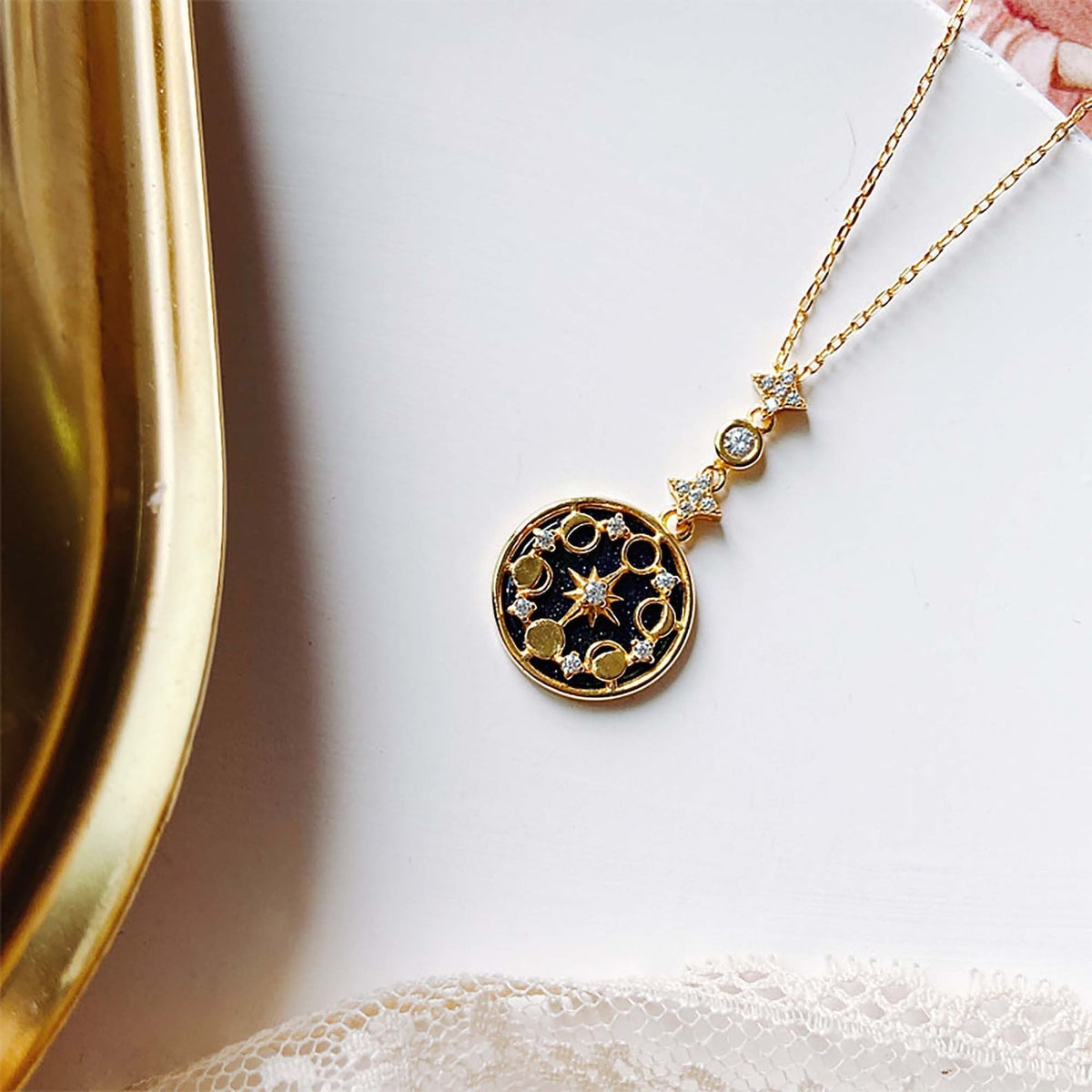 Women’s Moon Phases Necklace with Round Pendant and Star Motif