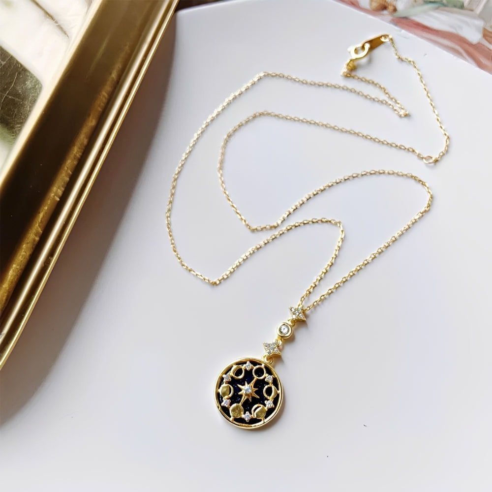 Women’s Moon Phases Necklace with Round Pendant and Star Motif