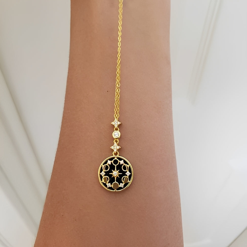 Women’s Moon Phases Necklace with Round Pendant and Star Motif