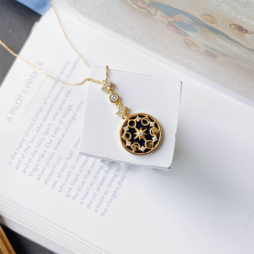Women’s Moon Phases Necklace with Round Pendant and Star Motif