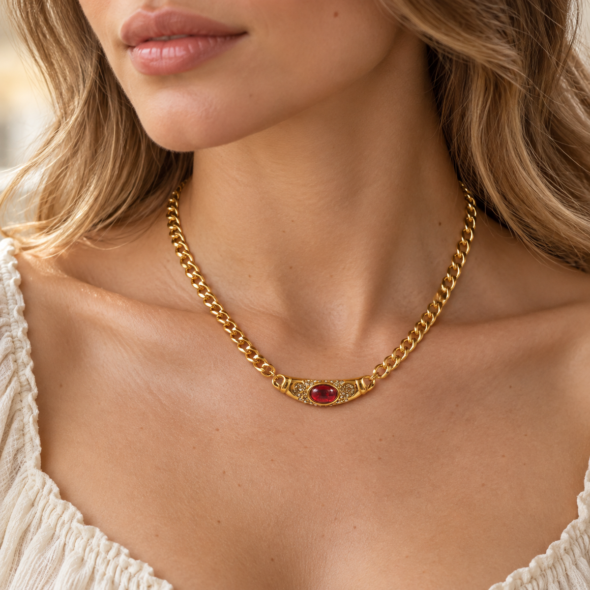 Women's Pendant Necklace with Gemstone Simulant and Extension Chain