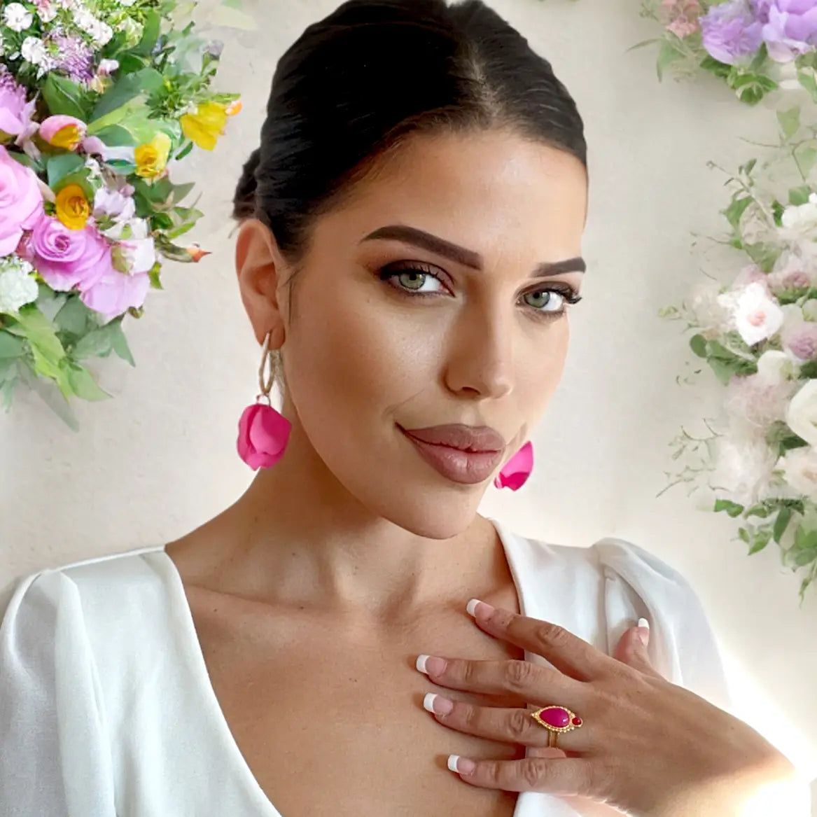Women’s Flower Drop Earrings with Large Petals and Geometric Hoop