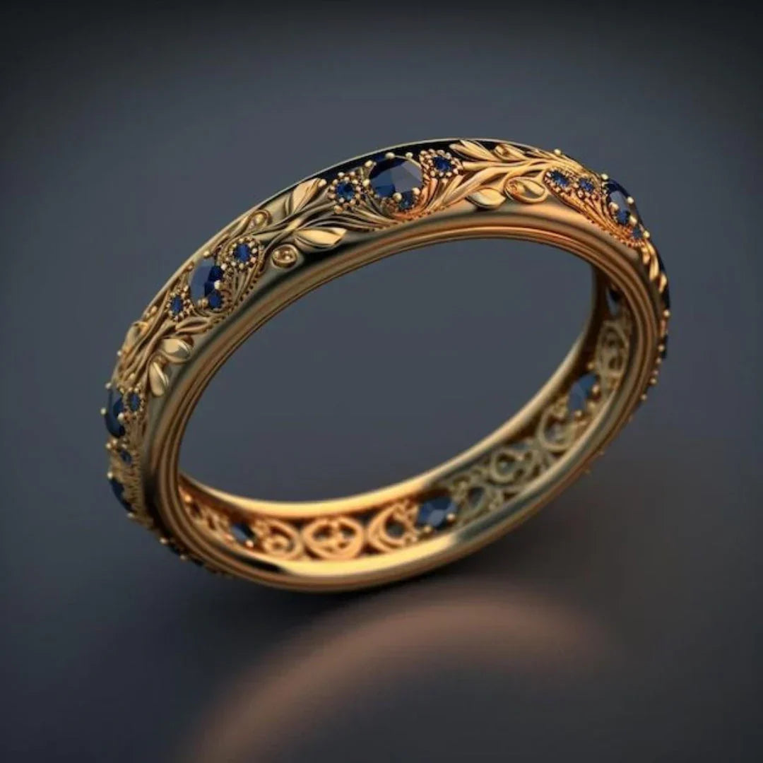 Women’s Wide Ring with Floral Vine Pattern and Round Stone Setting