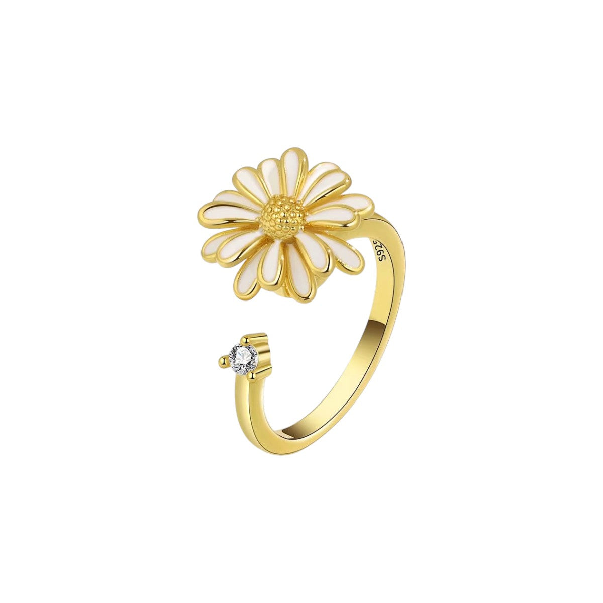 Women’s Adjustable Open Ring with Sunflower Motif and Stone Accent