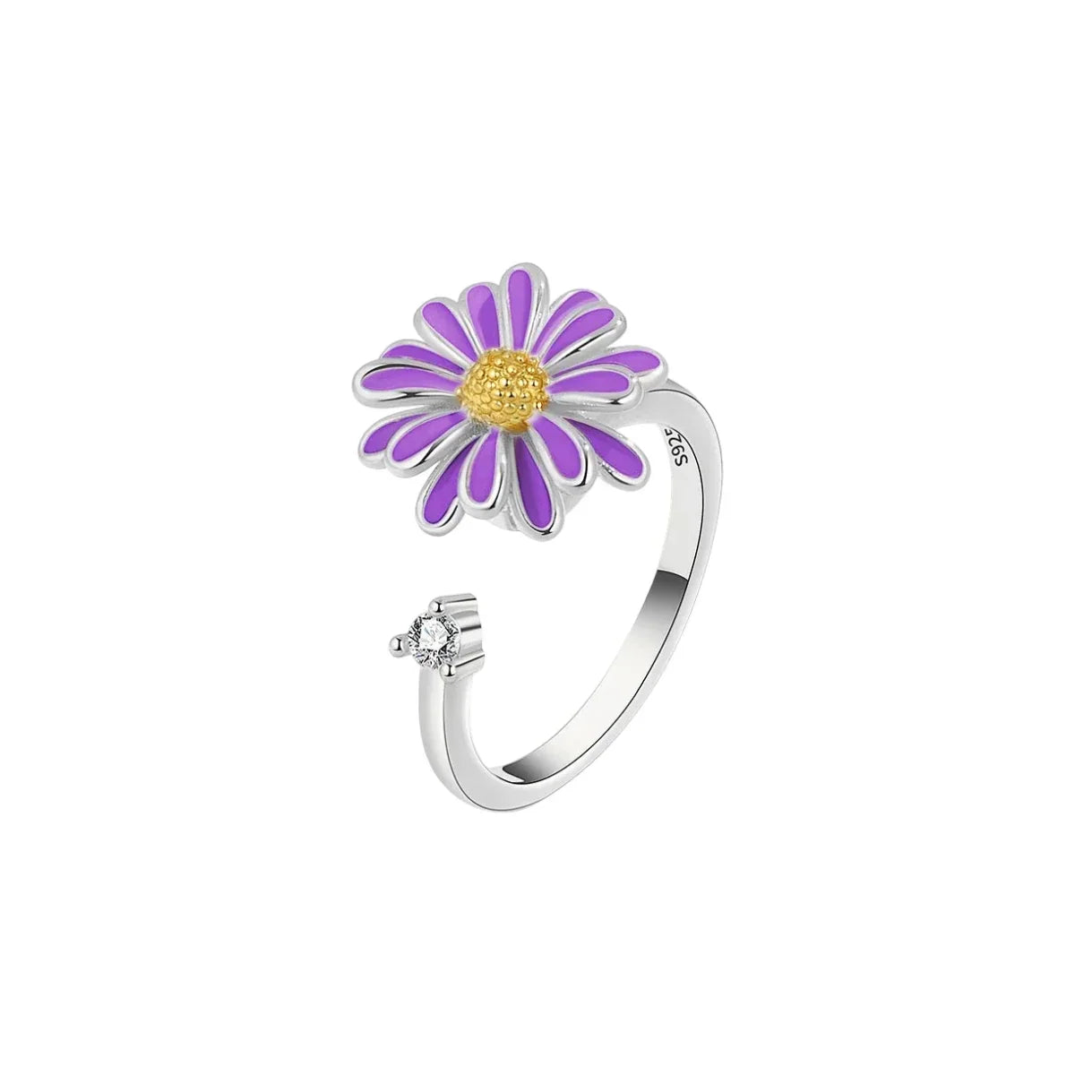 Women’s Adjustable Open Ring with Sunflower Motif and Stone Accent