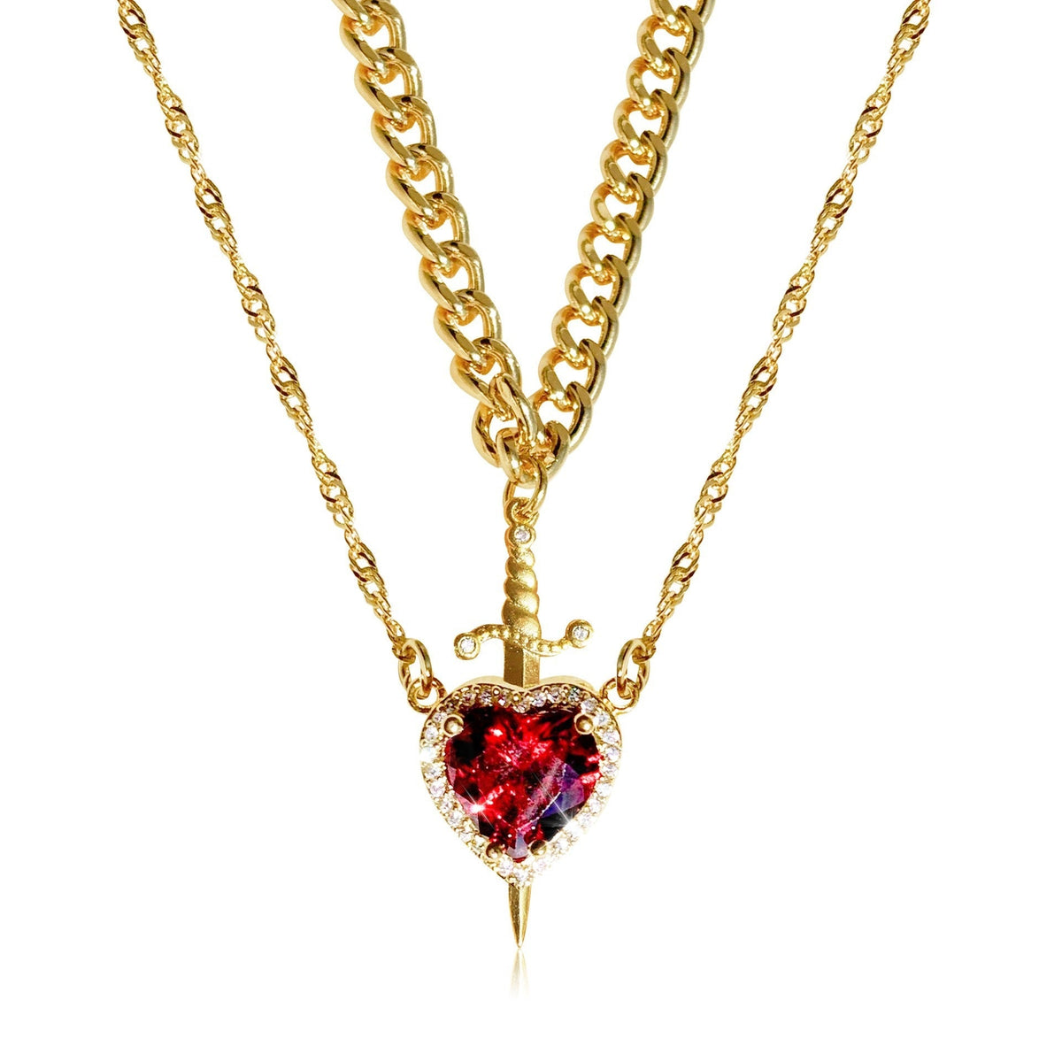 Women's 2-piece Partner Necklace Set with Heart and Sword Pendant