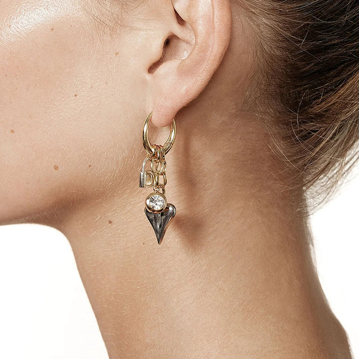 Women's Huggie Earrings with Heart Pendant, Lock Charm and Chain Details