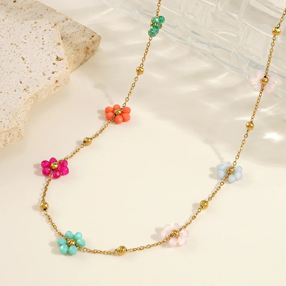 Women's Necklace with Multiple Flower Charms and Extension Chain