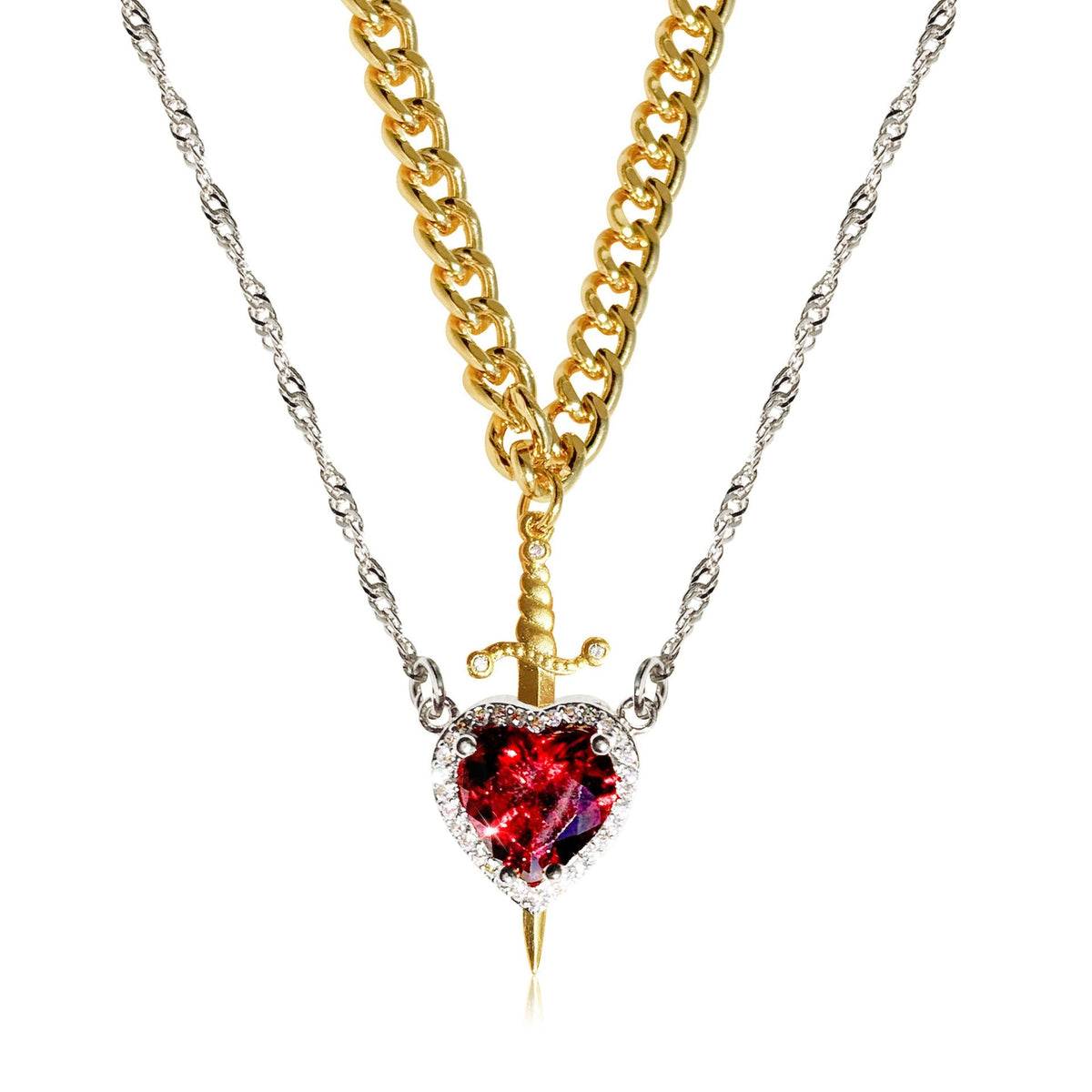 Women's 2-piece Partner Necklace Set with Heart and Sword Pendant
