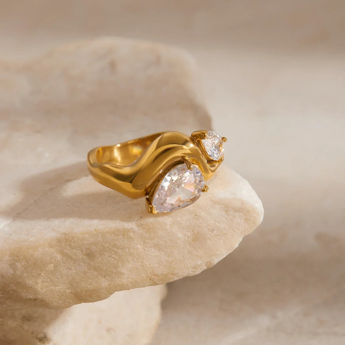 Women's Statement Ring with Two Teardrop-Shaped Stones and Curved Band